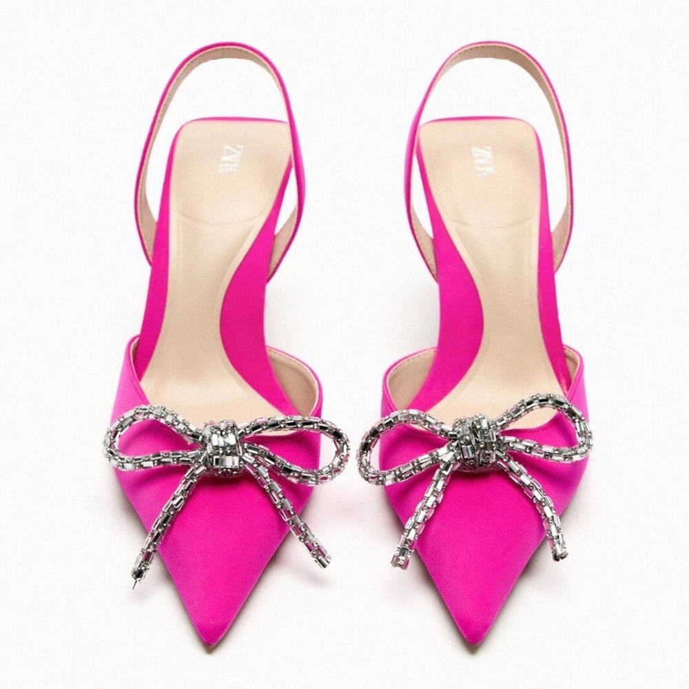Zara jewel rhinestone bow slingbacks Kitten heel shoes sz 39/ US 8 NWOB Fuchsia - Picture 2 of 5